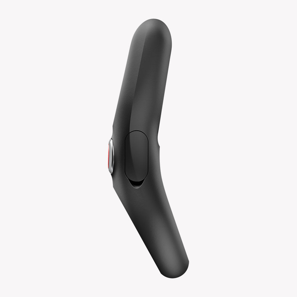 Fun Factory Nos Classic Vibrating Cock Ring Black side view, showcasing its ergonomic design and control feature.