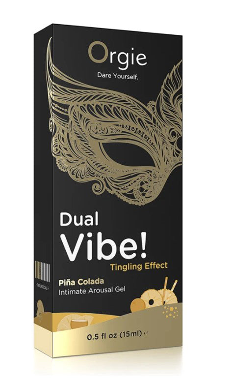 Orgie Dual Vibe Pina Colada Kissable Liquid Vibrator 15 ml packaging with tropical design and tantalizing branding.