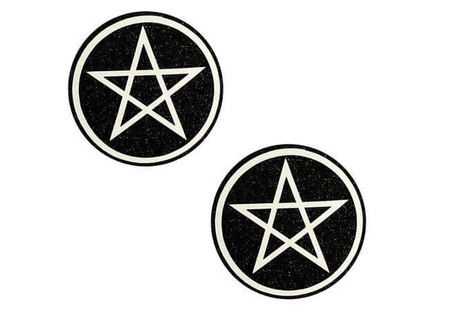 Wicca Black Glitter Nipple Cover Pasties featuring sparkling pentagram design.