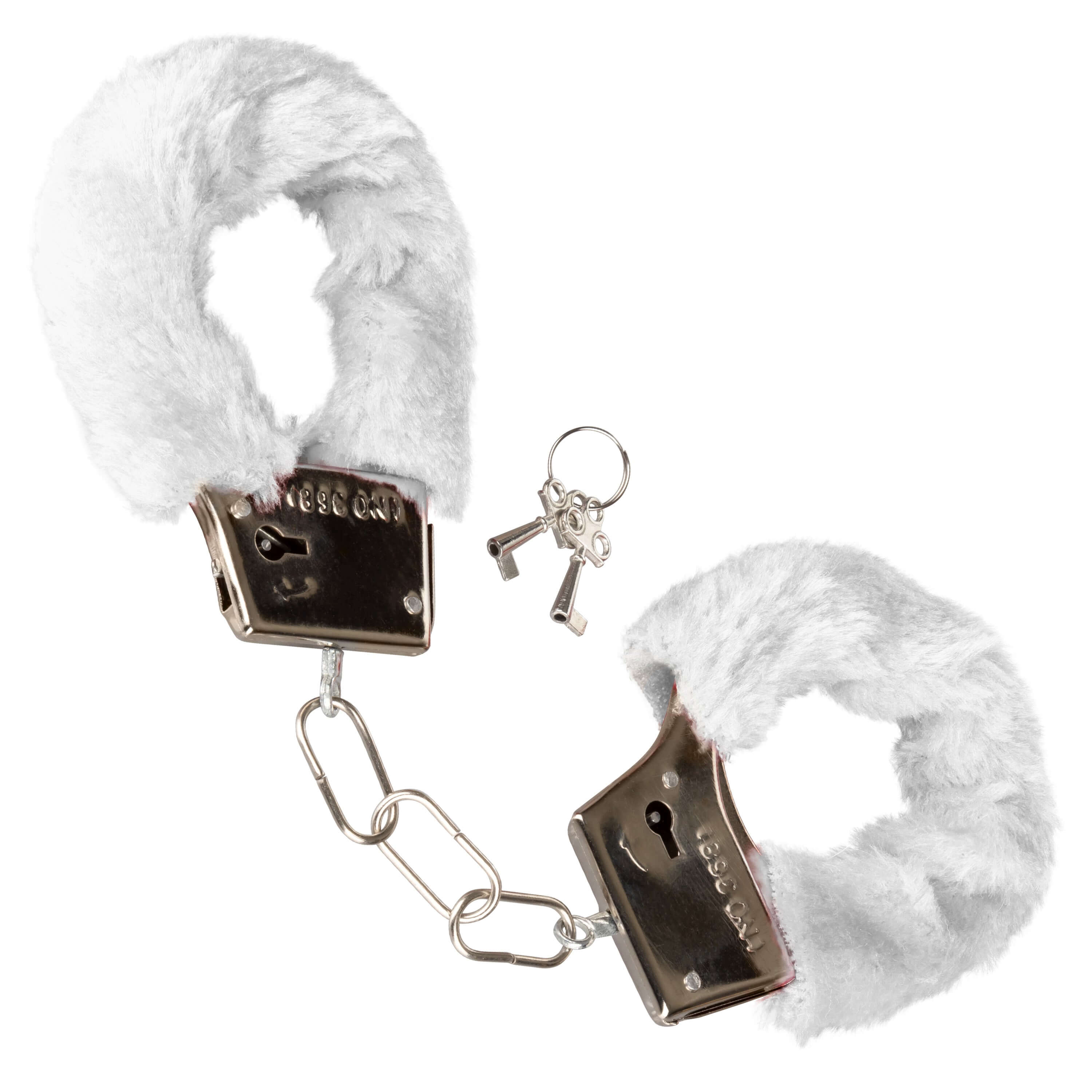 Playful Furry Cuffs White with plush faux fur padding and metal construction, ideal for soft bondage play.