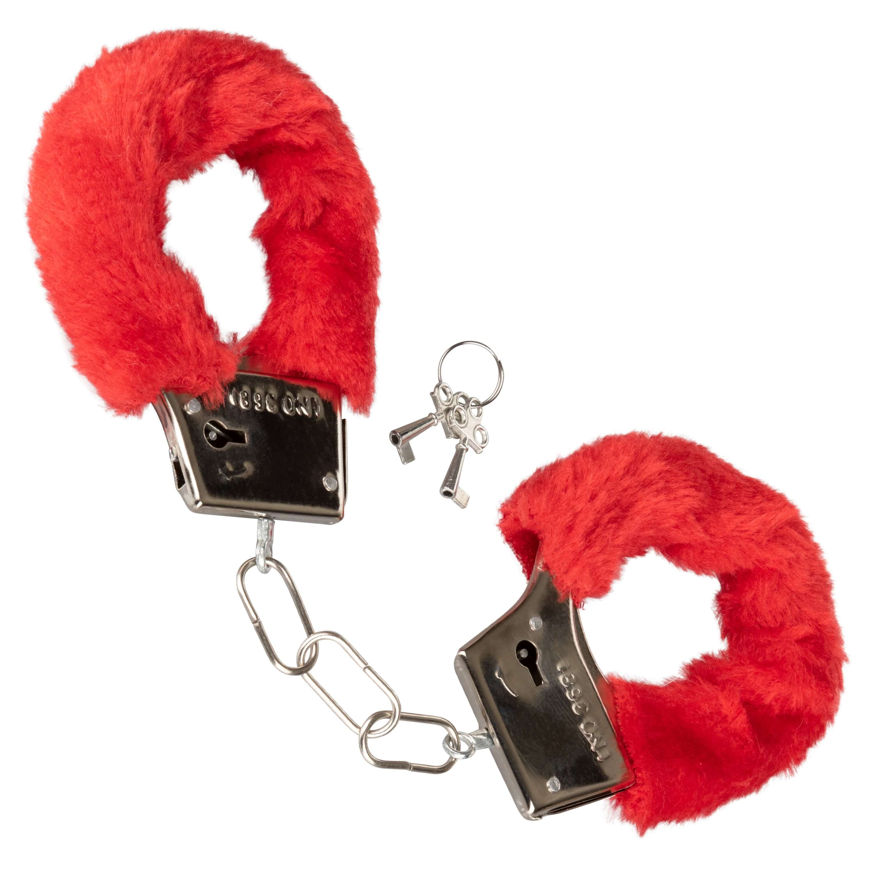 Playful Furry Cuffs Red featuring soft red fur and metal clasps for secure yet comfortable restraint.