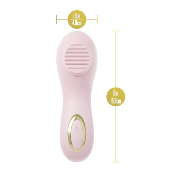 Delice Dahlia Stimulating Personal Massager Pink dimensions showing elegant handheld design.