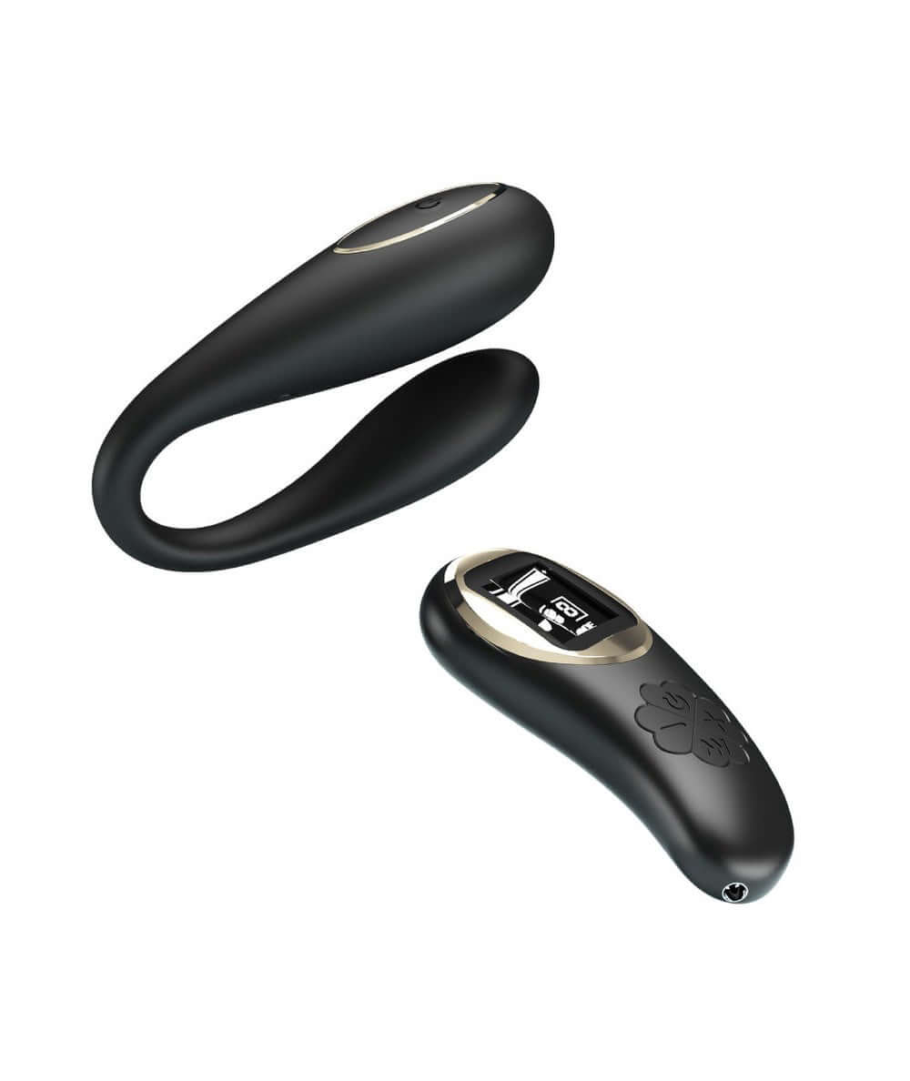 Nathan Double Pleasure Remote Control Vibrator in black color with a wireless remote control, featuring a digital meter for precise vibrations.