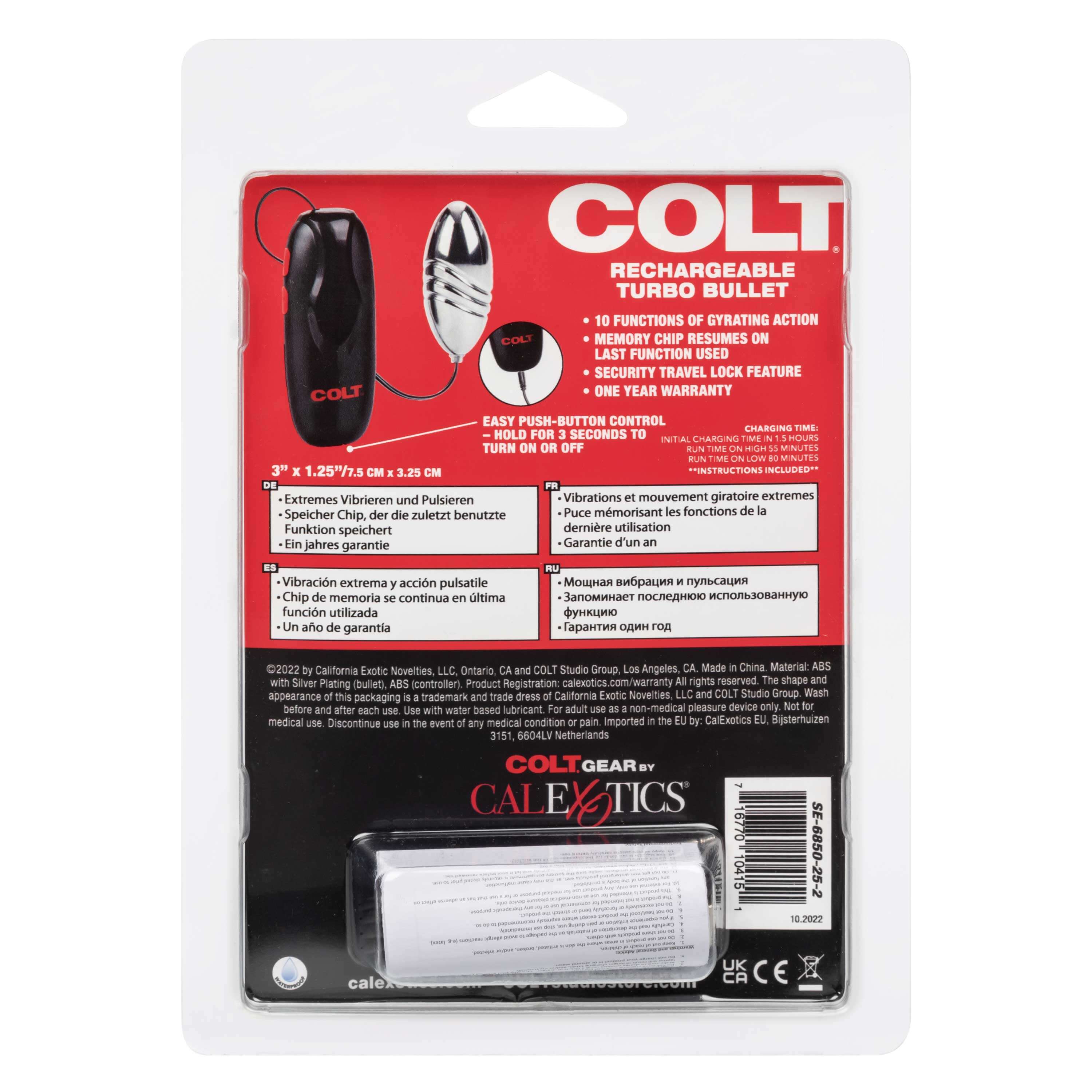 Colt Rechargeable Turbo Bullet Silver packaging with features and specifications on the back, including control options.
