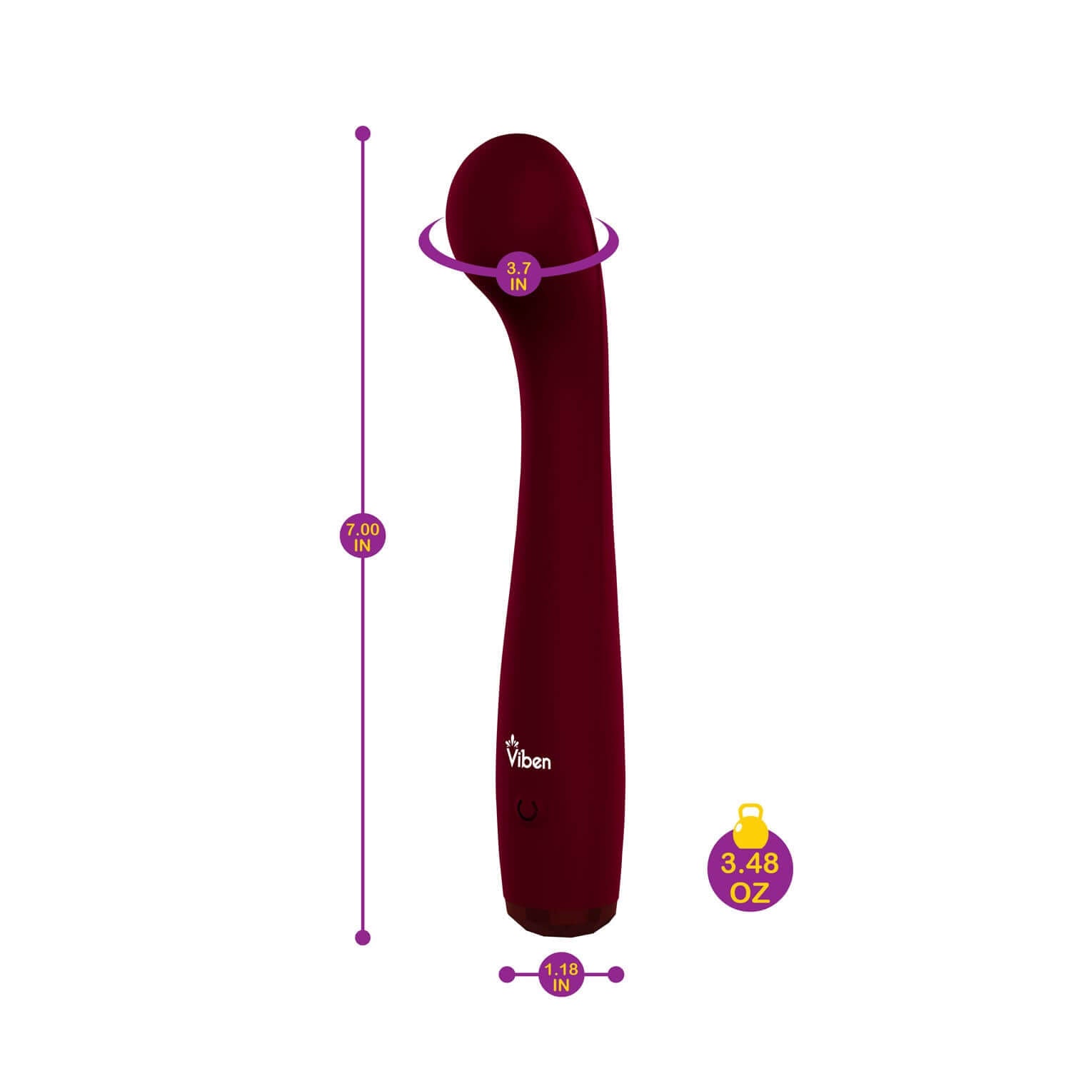 Viben Devotion Ruby Intense G-Spot Vibe, 7-inch length, 3.7-inch girth, and 3.48 oz weight, made of silky silicone for internal stimulation