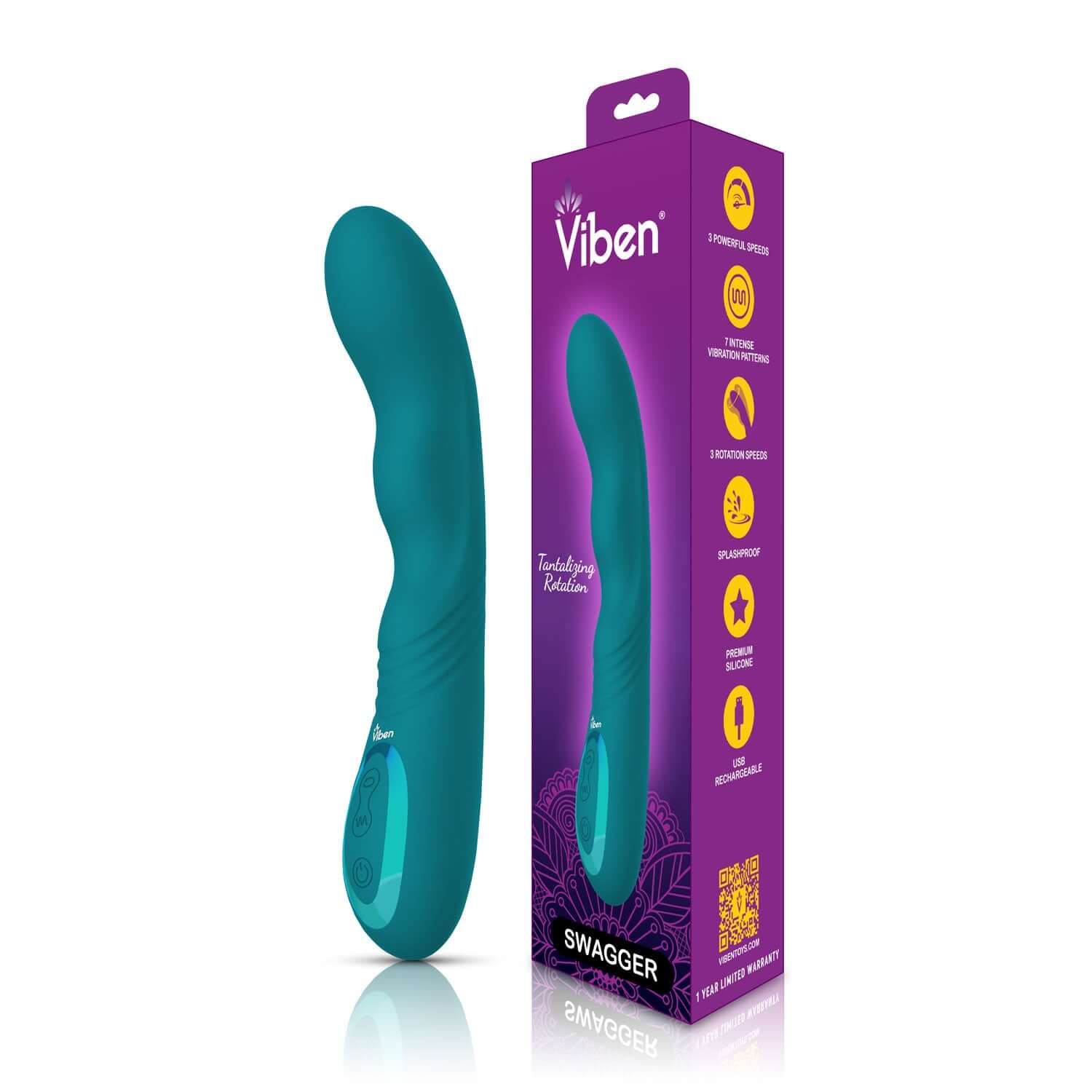 Swagger Ocean Wriggling G-Spot Vibe by Viben with 10 functions and 3 rotation speeds, shown with packaging.