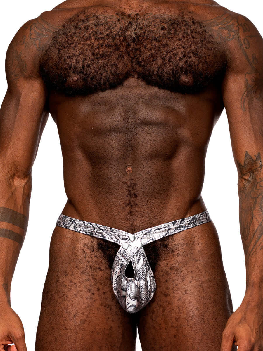 Male model wearing S’Naked Criss Cross Thong in silver and black metallic snakeskin fabric for a unique and comfortable fit.