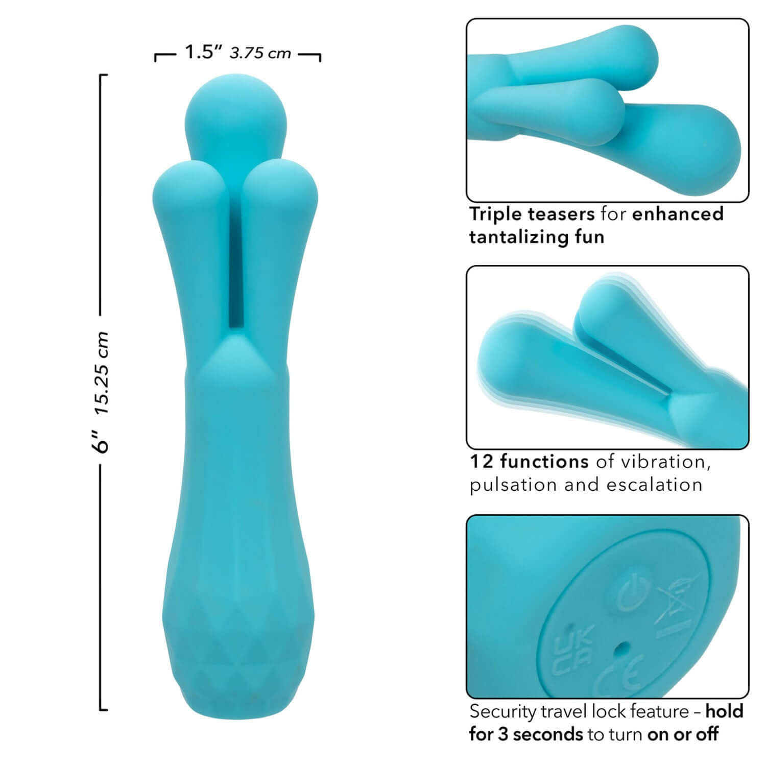 Gia Triple Teaser Vibrator - Blue with measurements and feature highlights: 12 functions of vibration, pulsation, and escalation