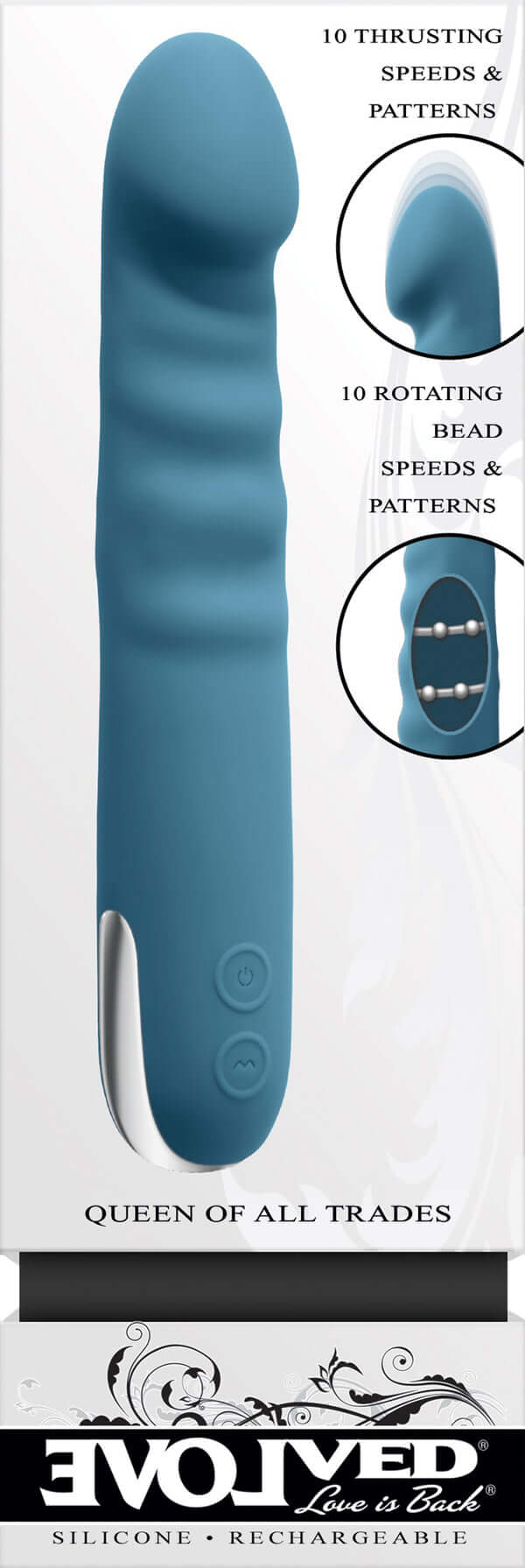 Queen of All Trades rechargeable silicone dual vibrator in blue with 10 thrusting and rotating speeds.