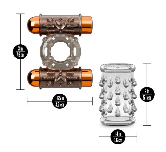 Stay Hard Vibrating Cock Ring Set With Dual Bullets Sheath dimensions and design features