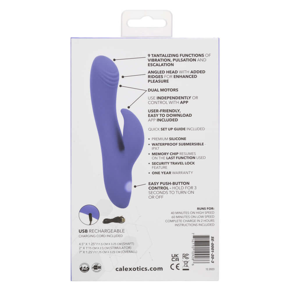 CalExotics Connect Dual Stimulator in periwinkle with dual motors and angled head, rechargeable, waterproof, and app-controlled features on the box.