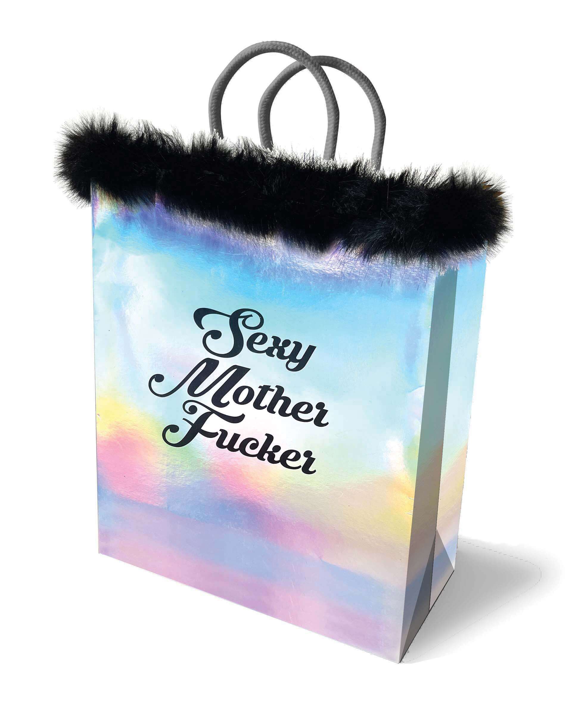 Sexy Mother Fucker Gift Bag with colorful shimmer and black fur trim, perfect for playful gifting.