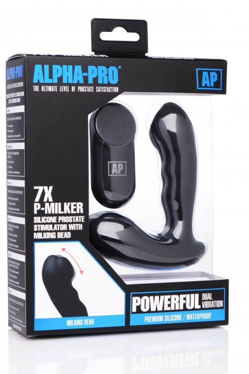 7x P-Milker Silicone Prostate Stimulator With Milking Bead packaging showcasing powerful dual vibration features.