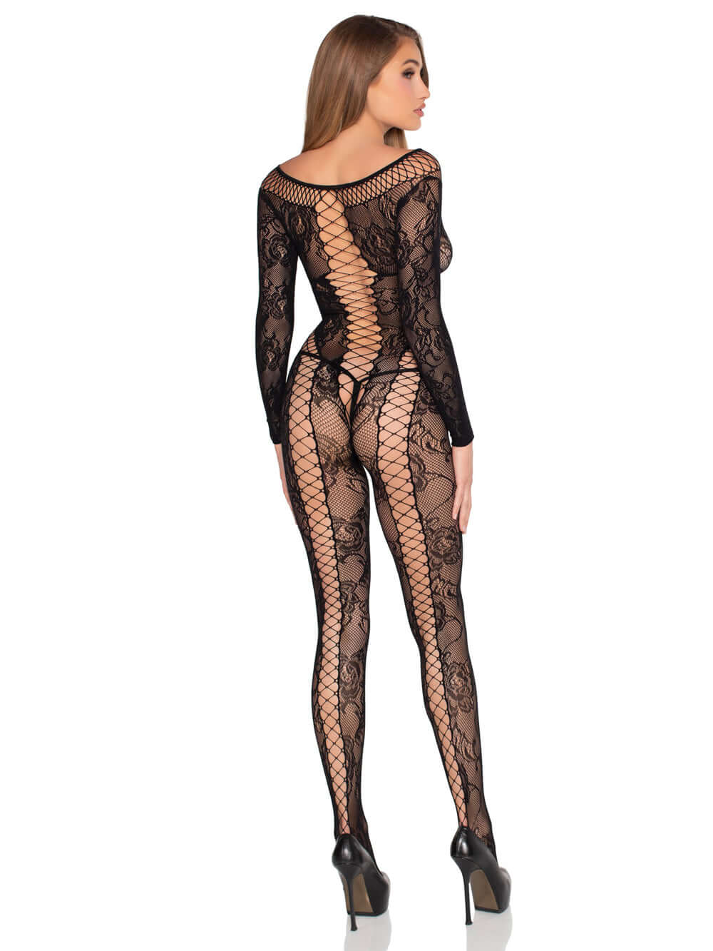 Net and Lace Crotchless Lingerie Jumpsuit - Os - Black-1