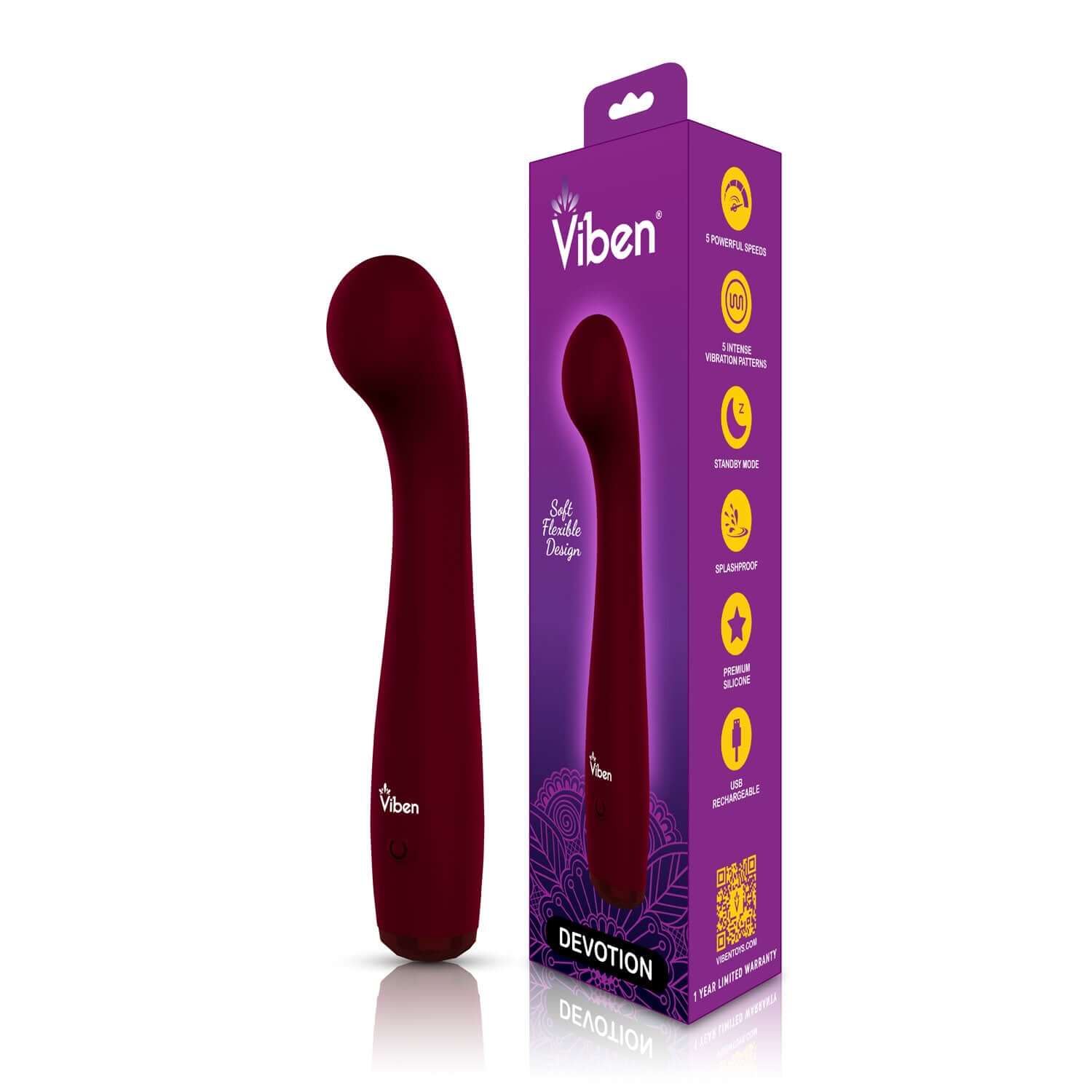 Devotion Ruby Intense G-Spot Vibe by Viben in Ruby red color with product packaging