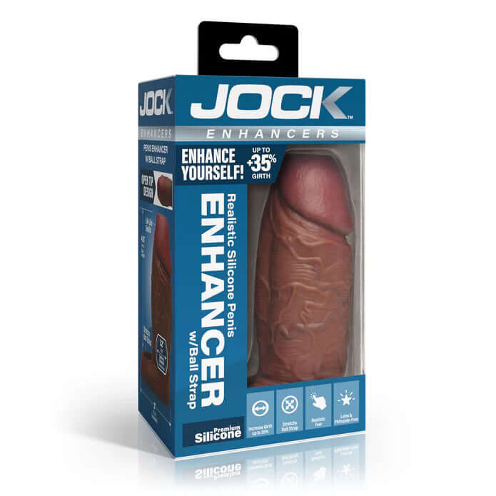 Jock Silicone Penis Extension Sleeve Dark packaging featuring realistic design and enhancement features.