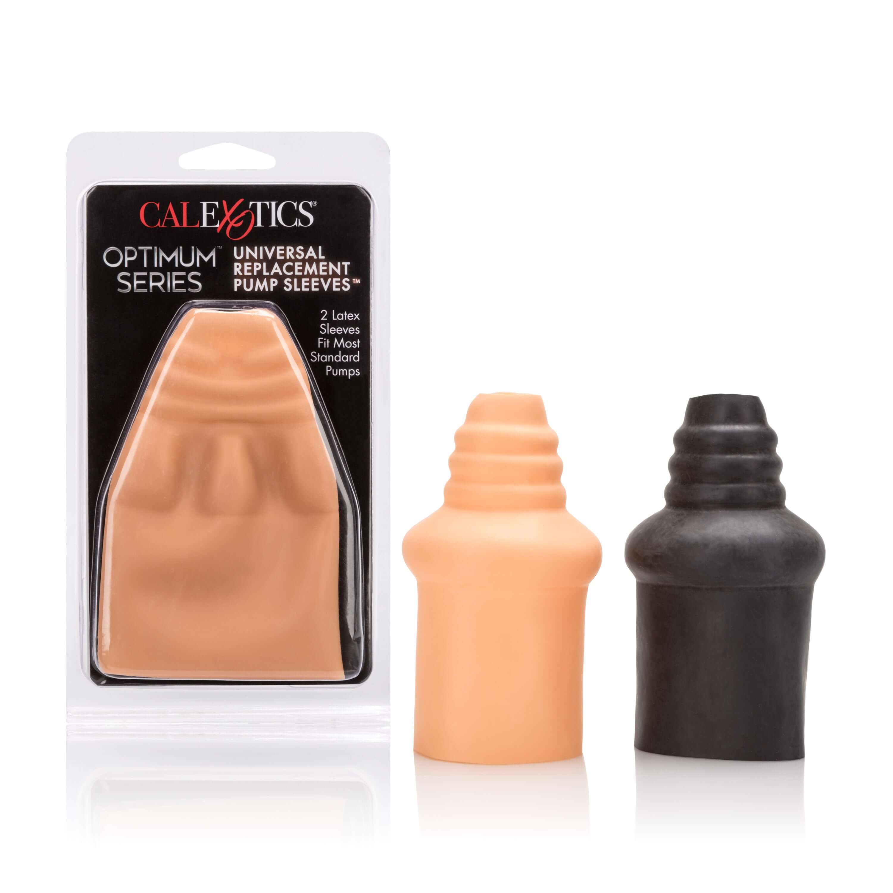 CalExotics Universal Replacement Pump Sleeves in black and beige packaging with two latex sleeves for pumps.