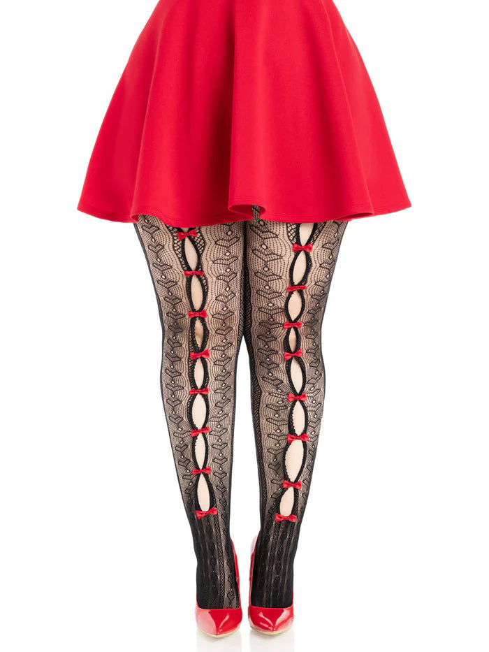 Leg Avenue Plus Size Sweetheart Striped Tights Black Red styled with a red skirt and high heels, showcasing bold fashion.