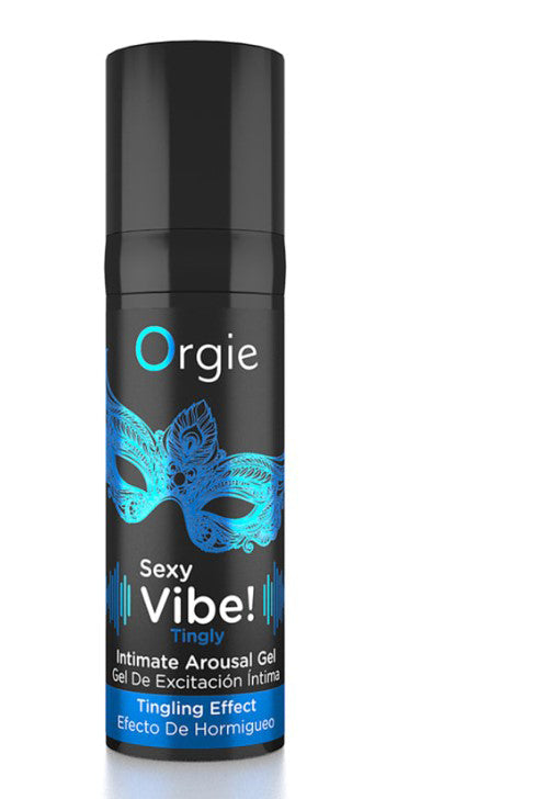 Orgie Sexy Vibe Intimate Arousal Gel 15 ml packaging featuring a sleek design and tingly effect details.