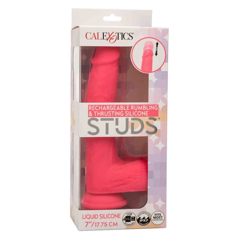 Rechargeable Rumbling and Thrusting Silicone Studs - Pink 7" vibrating toy in packaging with lifelike feel and 10 intense functions.