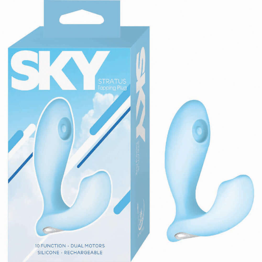 Sky Stratus Tapping Plug Massager Blue in packaging with features such as 10 functions and dual motors.