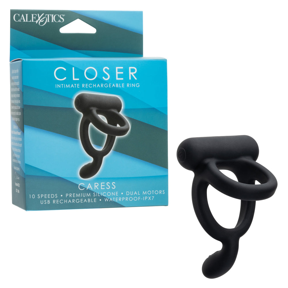 Closer Intimate Rechargeable Ring Caress Black with packaging, premium silicone, 10 speeds, waterproof design