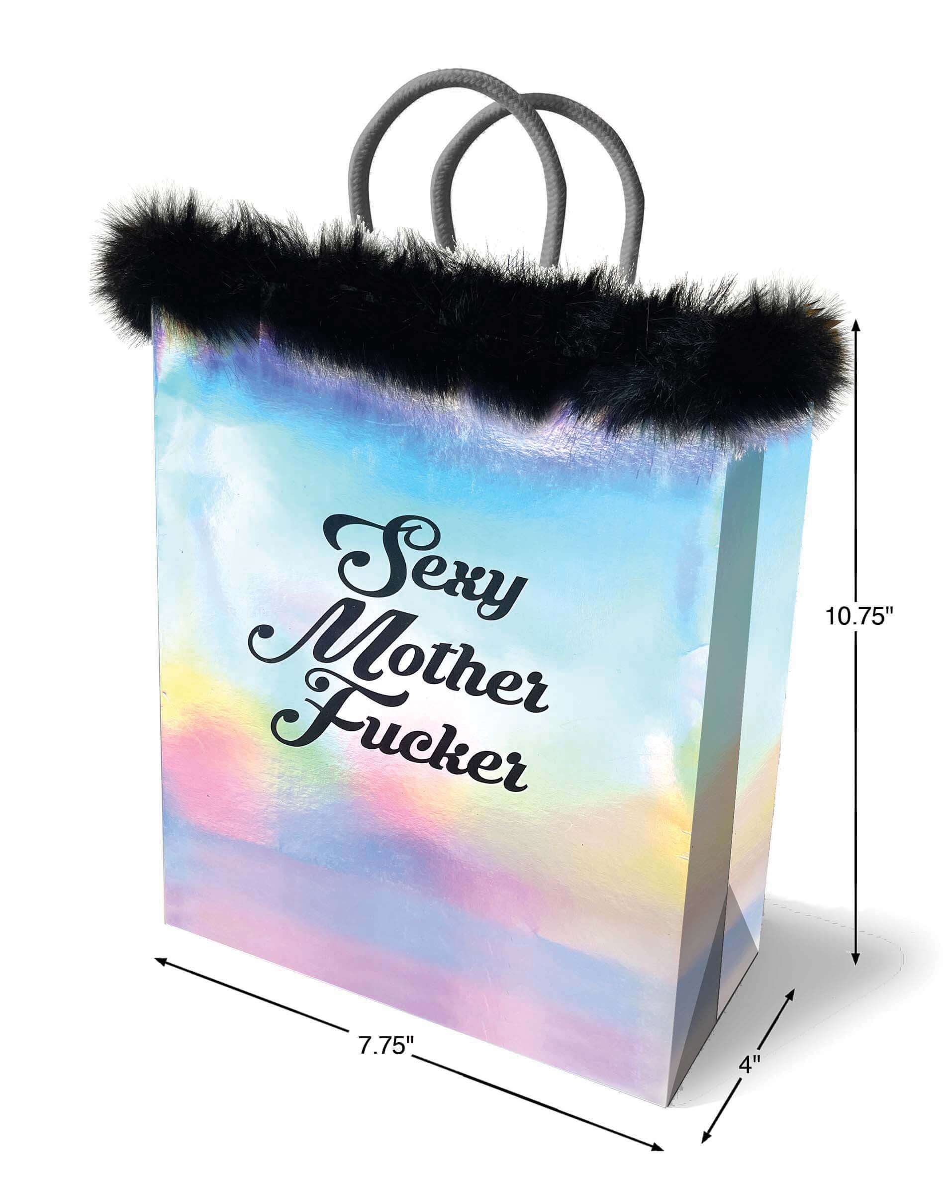 Sexy Mother Fucker Gift Bag with black fluffy trim and colorful holographic design, dimensions 10.75 inches tall and 7.75 inches wide.