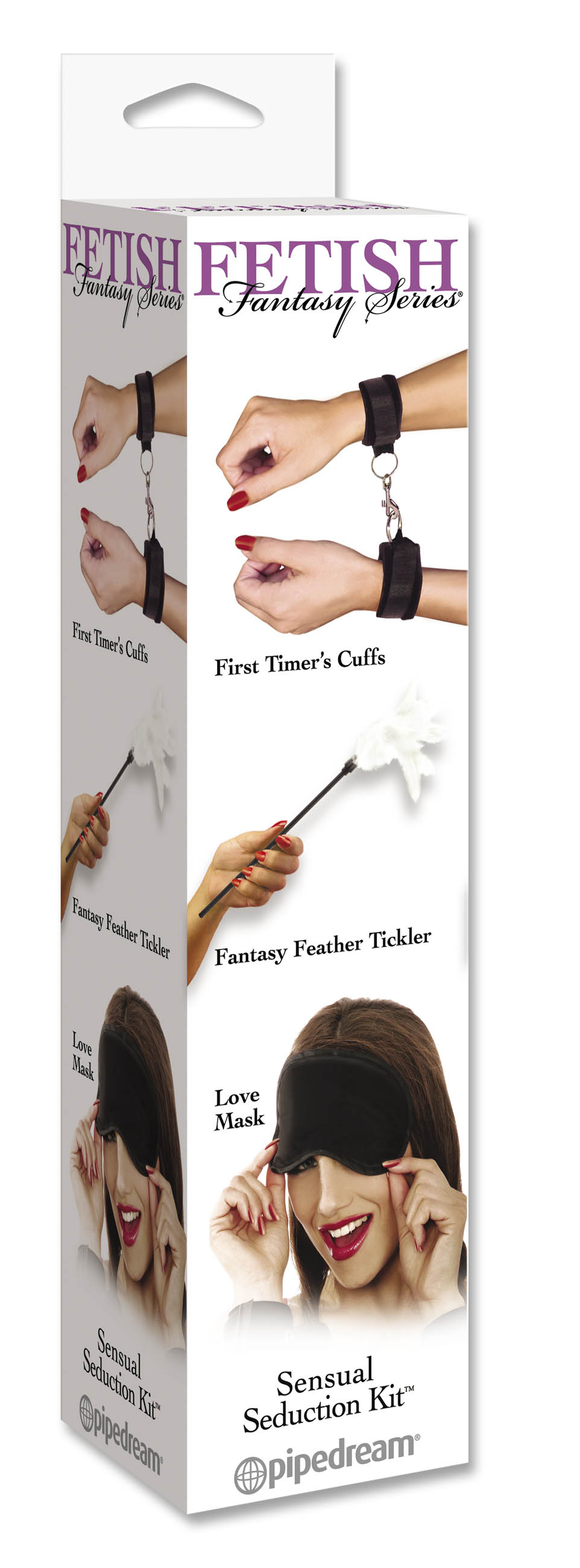 Fetish Fantasy Series Sensual Seduction Kit packaging featuring cuffs, feather tickler, and eye mask.