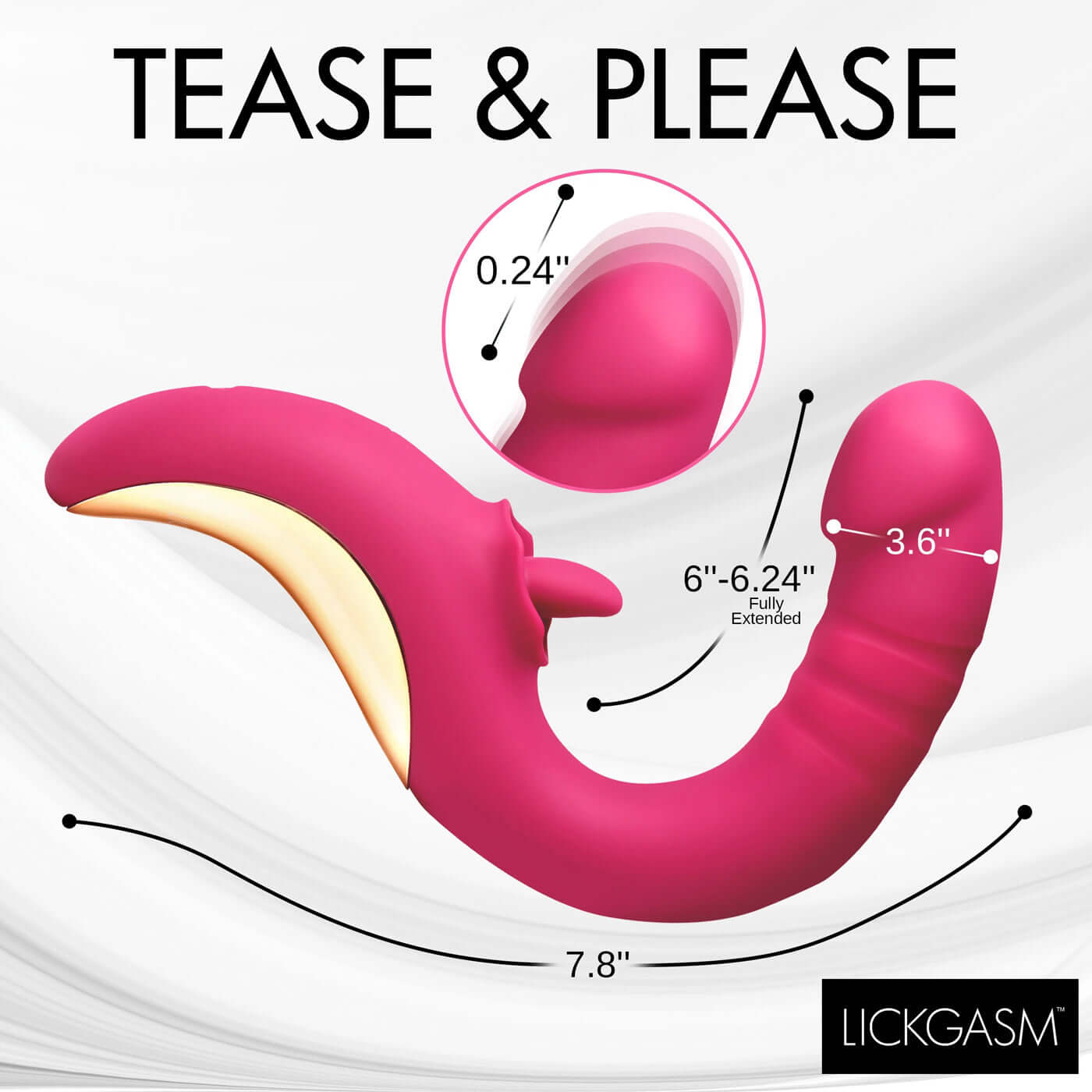 Thrusting and licking fuchsia vibrator with detailed measurements for G-spot and clitoral stimulation.