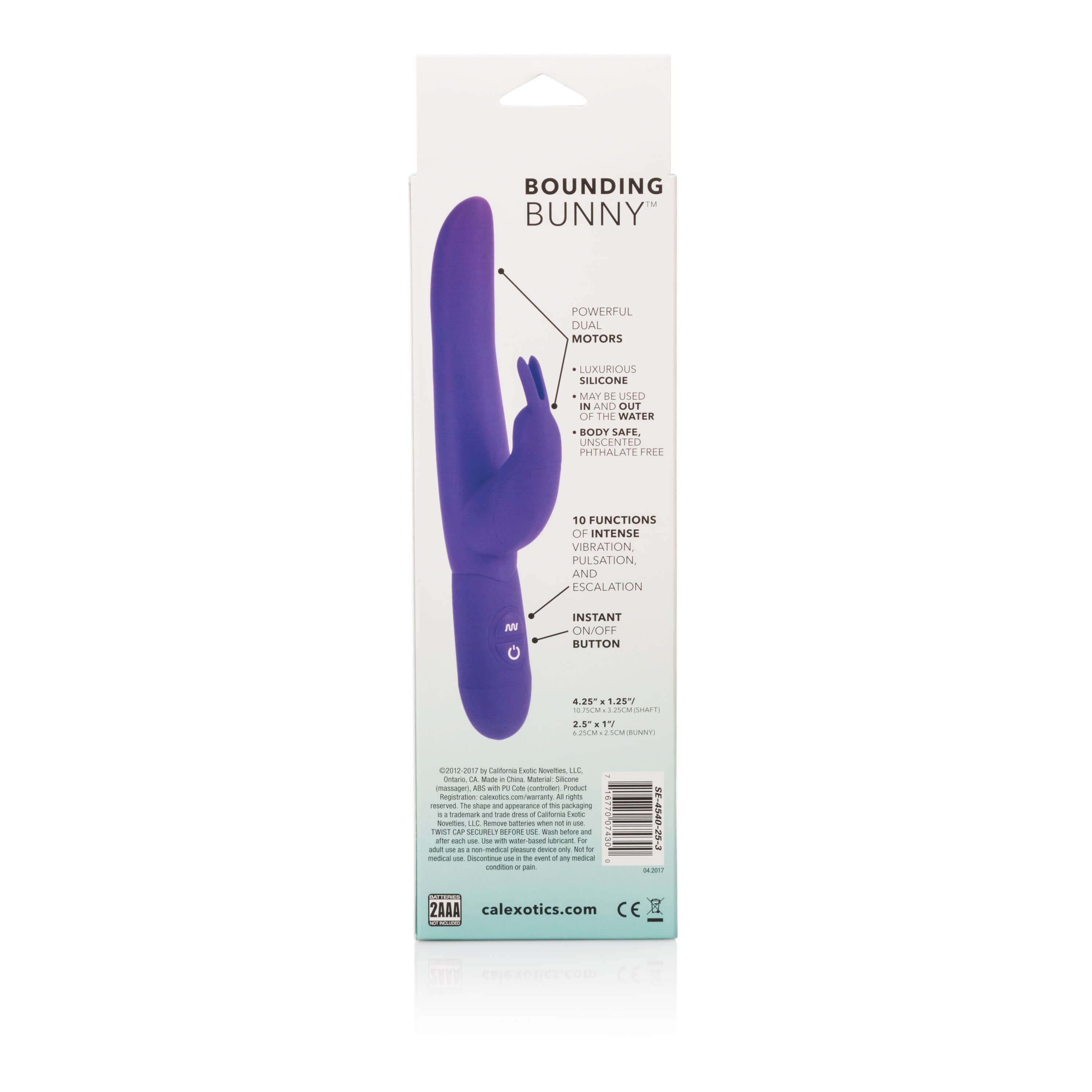 Posh 10-Function Silicone Bounding Bunny Vibrator Purple packaging displaying features and functions.