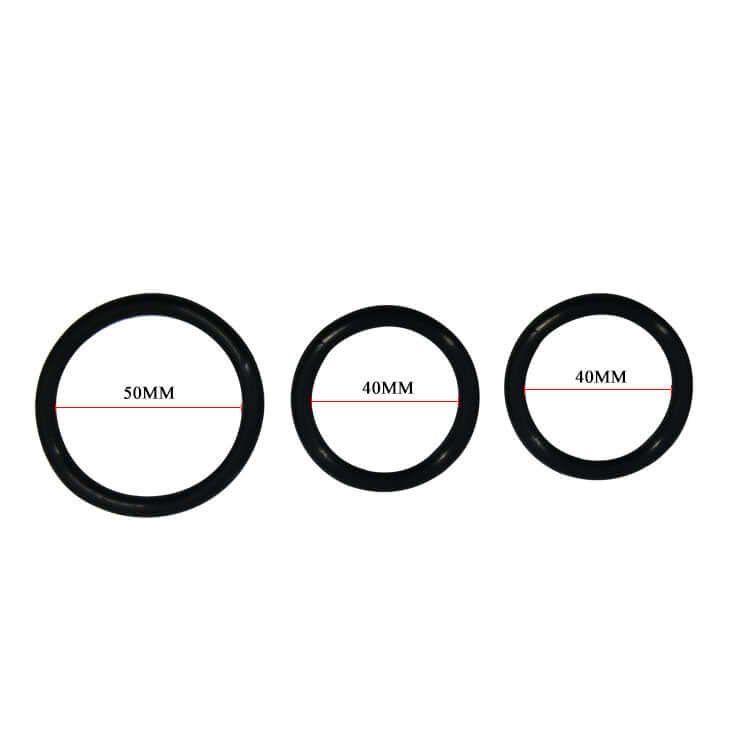 Black rubber O-rings with diameters of 50MM and two 40MM sizes, ideal for sealing and mechanical applications.
