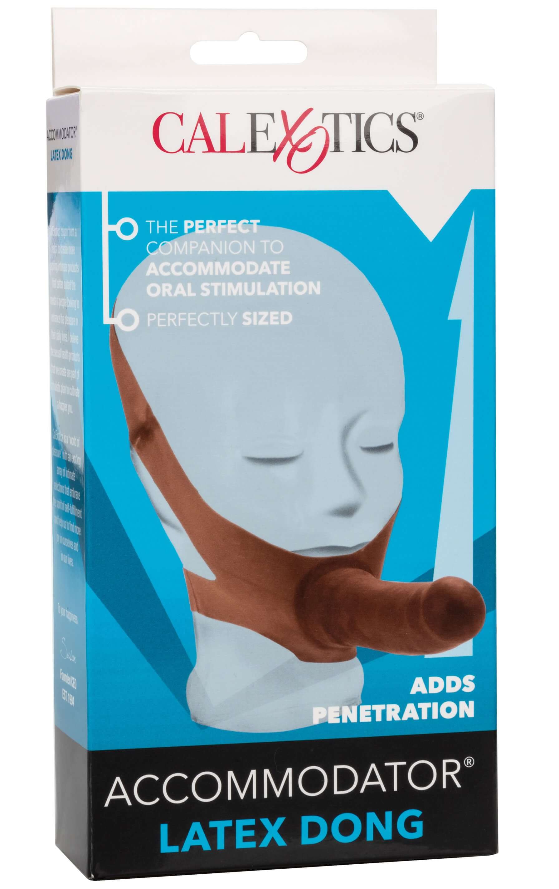 The Original Accommodator Latex Dong Brown package highlighting its features as a hands-free pleasure accessory.