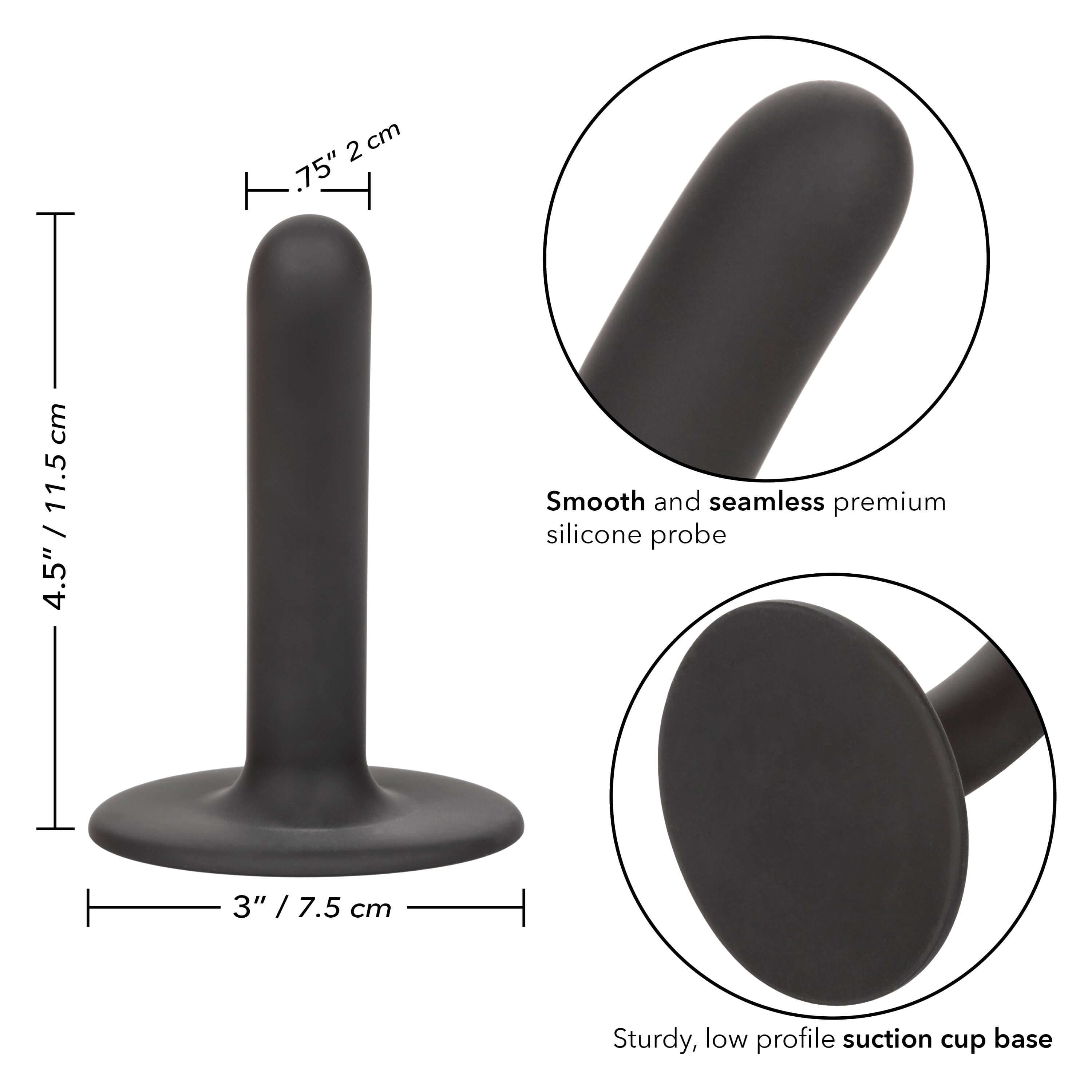 Boundless Slim Probe Dildo 4.5 Inch Black, silicone probe with sturdy suction cup base and smooth design.