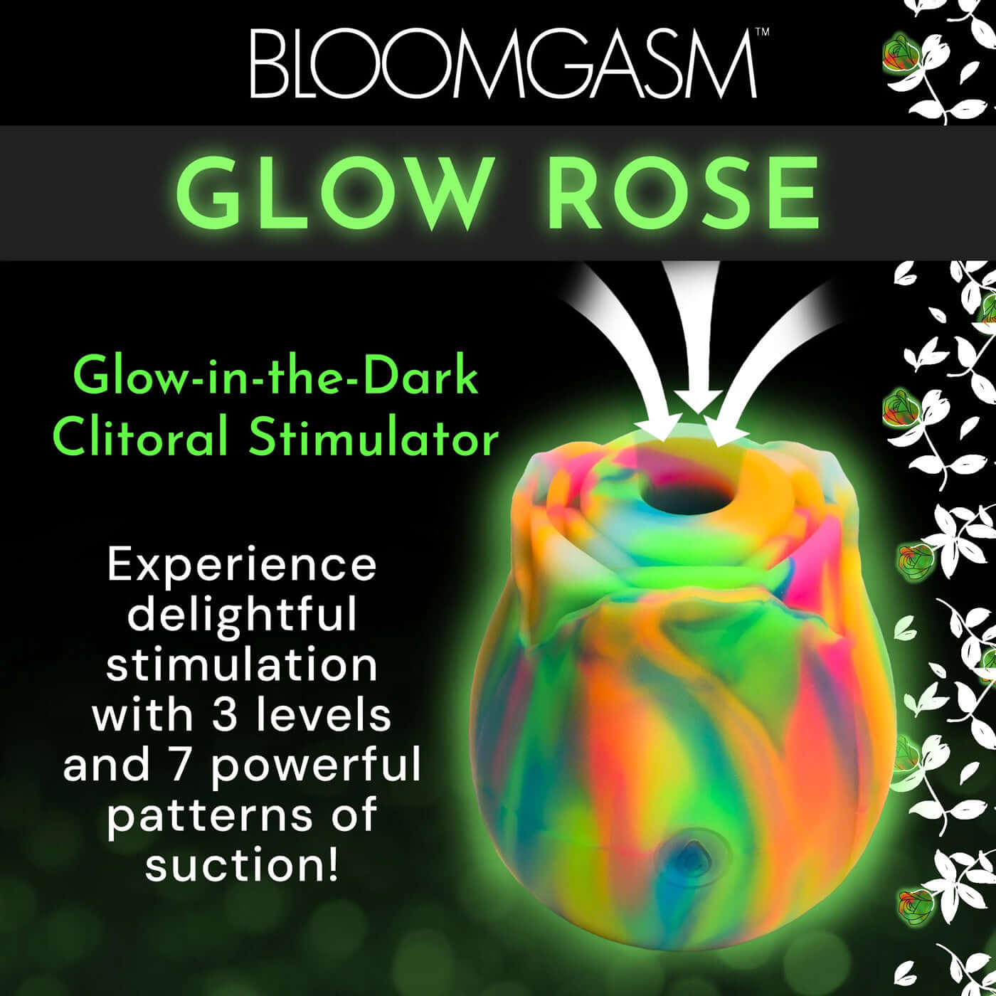 Glow Rose Glow-in-the-Dark Clitoral Stimulator with vibrant sherbert rainbow colors, featuring 3 levels and 7 powerful patterns of suction