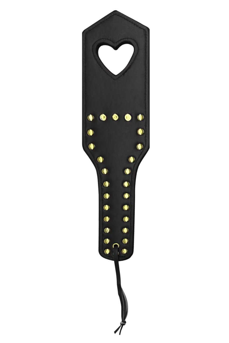 Mapale Heart Spanker Black made from premium faux leather with gold studs and heart-shaped cutout for playful bedroom adventures.
