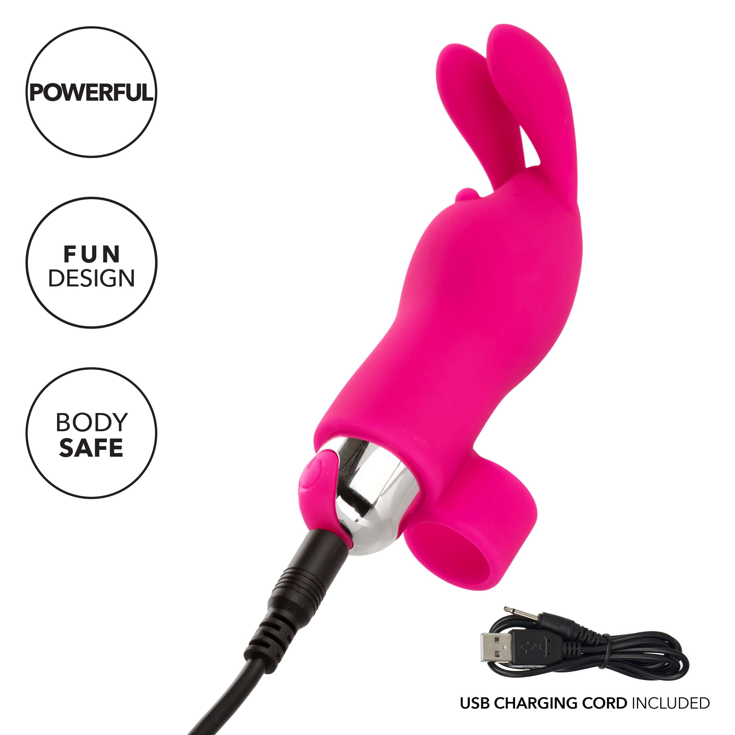 Intimate Play Rechargeable Finger Bunny in bright pink with bunny ears, USB charging cord included, and multiple vibration settings.