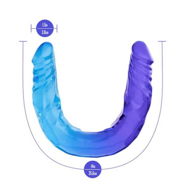 B Yours Sugar Stud Large Double Dong 13.75 inches showing blue and purple gradient design and flexible material.
