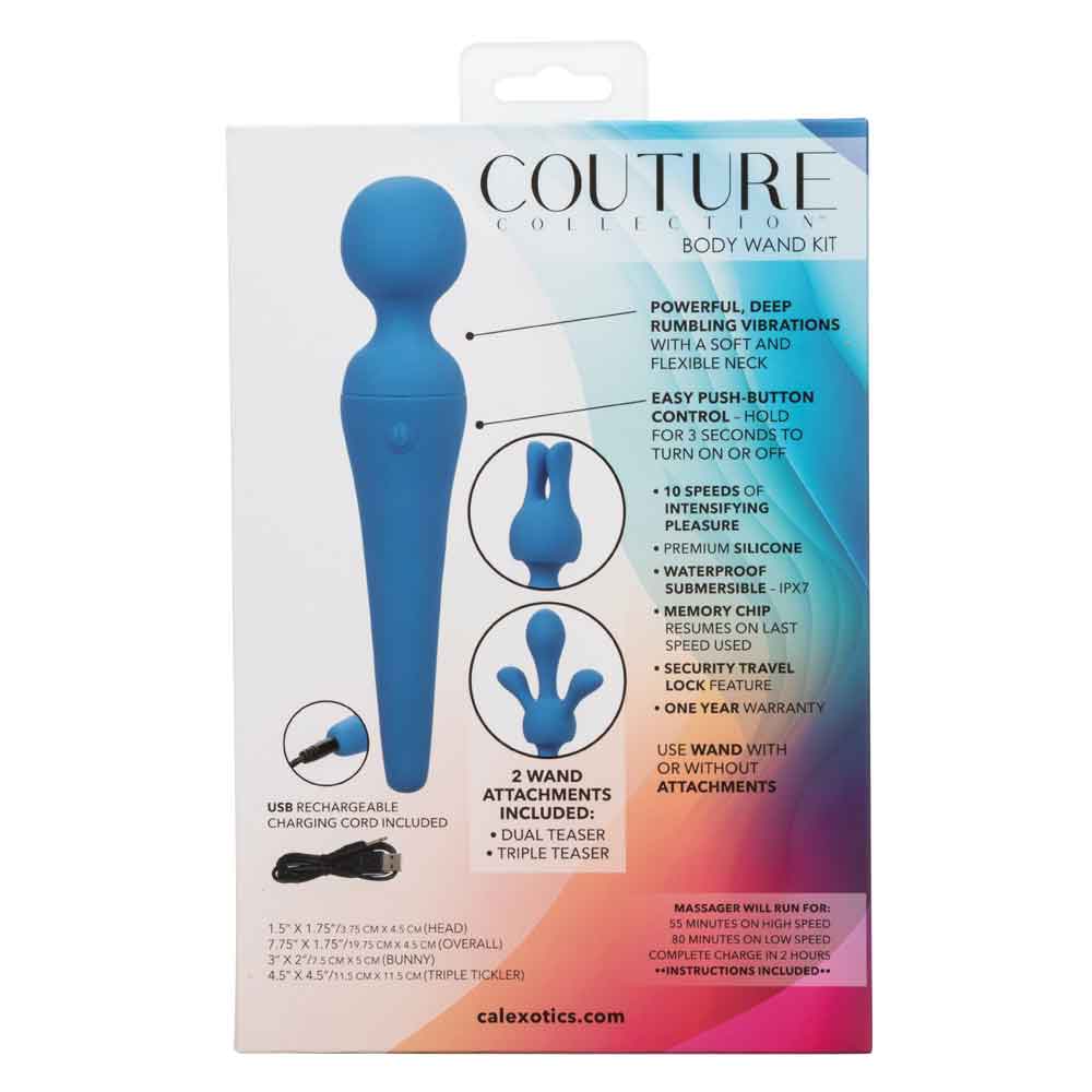 Couture Collection Body Wand Kit - Blue with powerful vibrations, flexible neck, and two attachments in elegant packaging uses USB rechargeable cord.