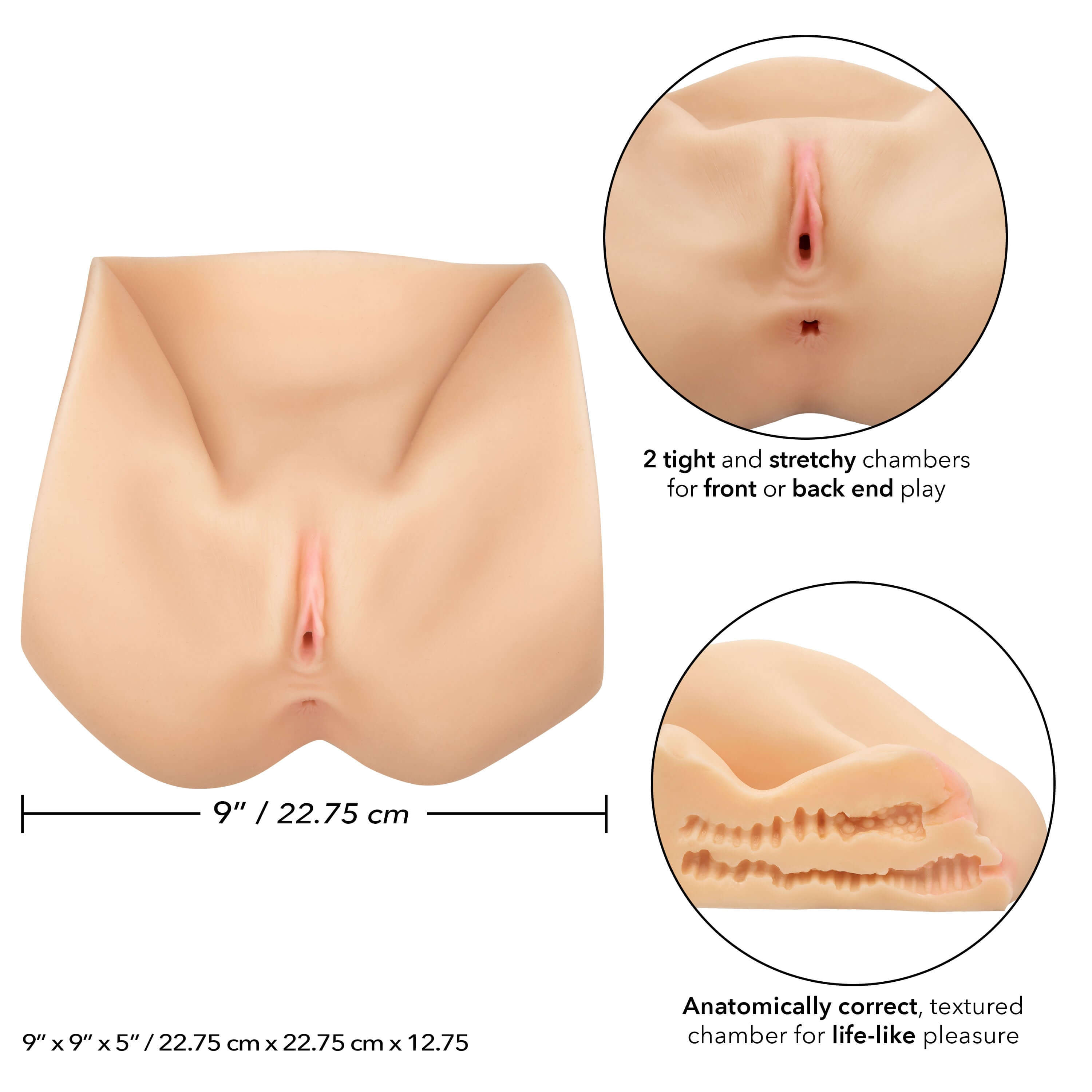 Stroke It Life-Size Pussy Masturbator Ivory showing dimensions, tight chambers, and anatomically correct details.