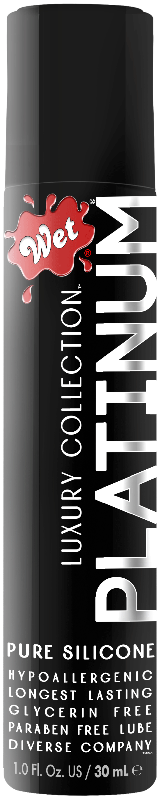 Wet Platinum Luxury Silicone Lubricant 1 Oz bottle, offering premium glide and hypoallergenic formula.