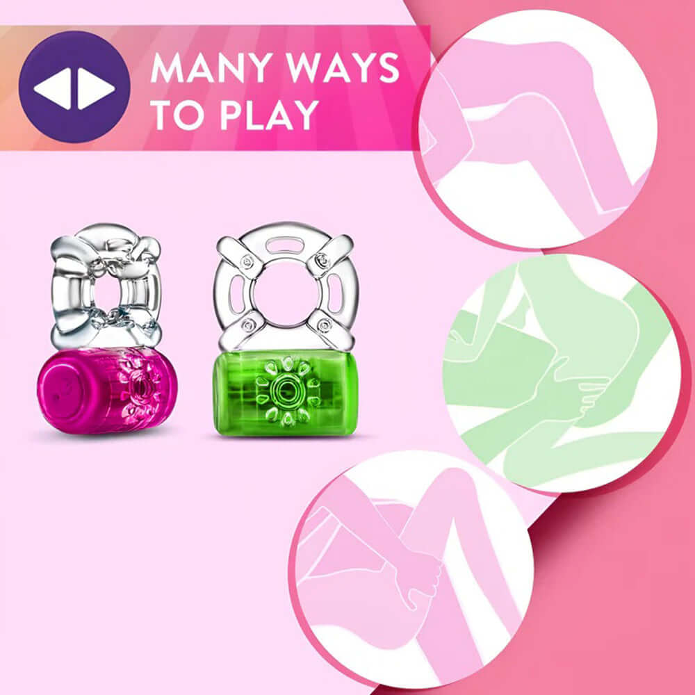 Play With Me Pleaser vibrating C-Ring set in pink and green showcasing versatile pleasure options and different use illustrations.
