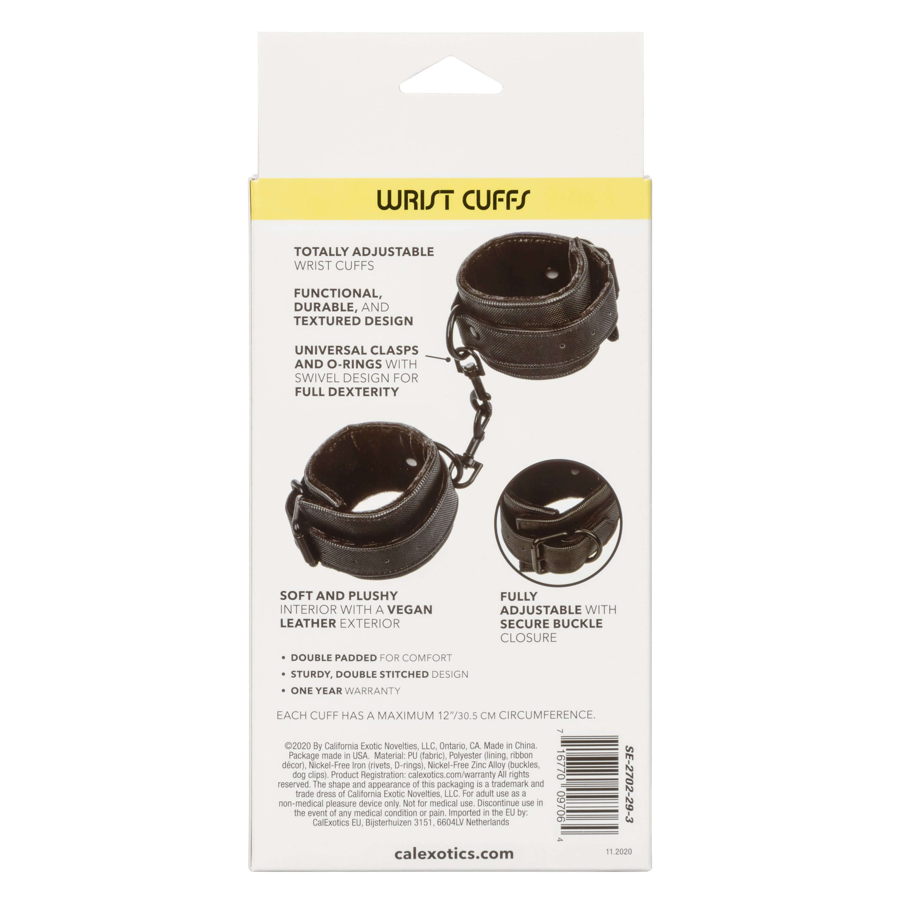 Boundless Wrist Cuffs Adjustable Black packaging showing adjustable wrist cuffs with soft interior and buckle closure.