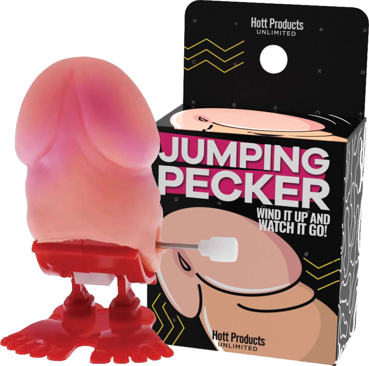 Jumping Pecker Party Toy packaged with a wind-up mechanism for humorous entertainment at parties.