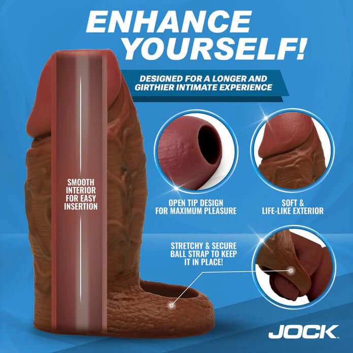 Jock Silicone Penis Extension Sleeve Dark with smooth interior, open tip design, and secure ball strap for enhanced intimacy.