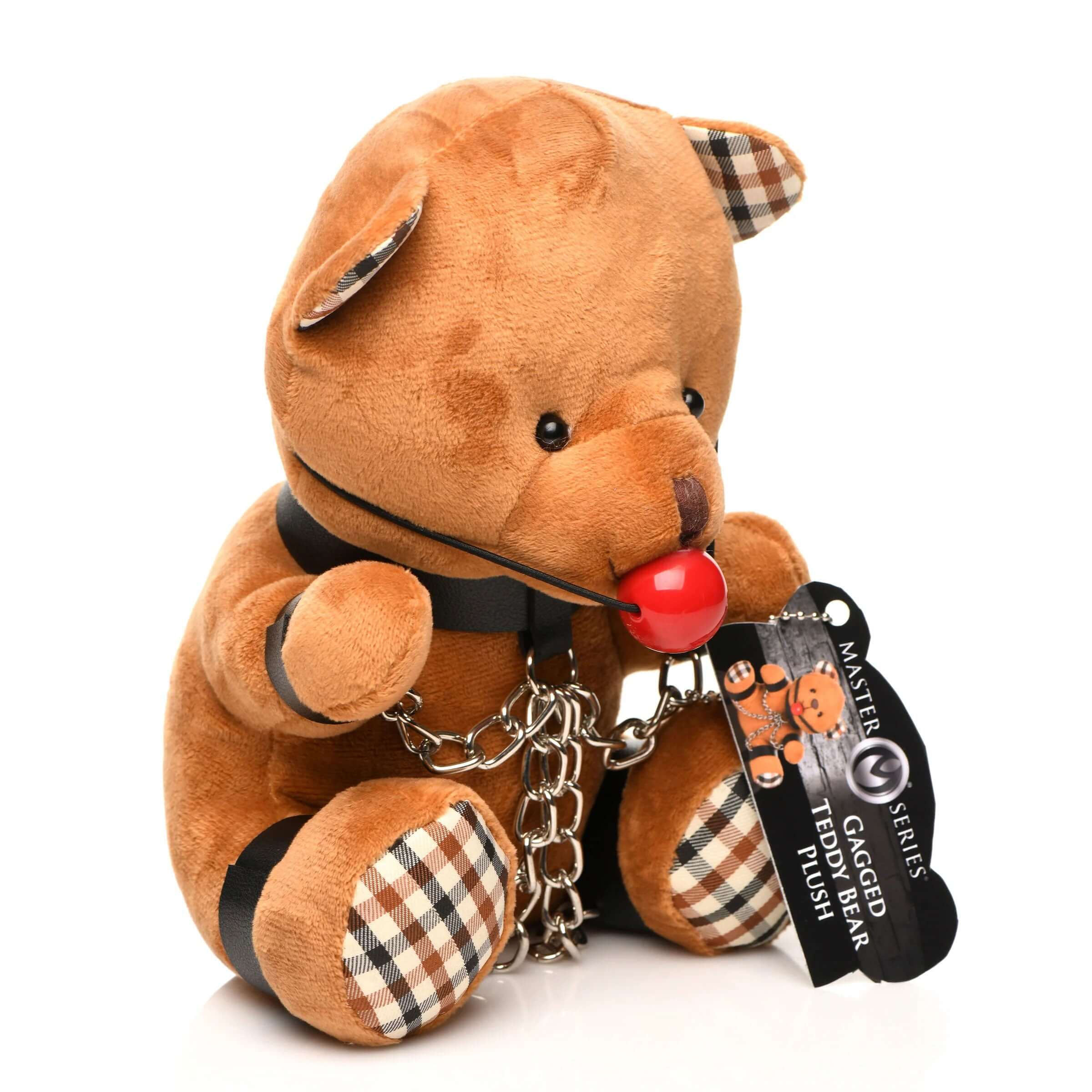 Gagged Teddy Bear Plush toy with a red gag and chain, perfect for a humor-themed gift.