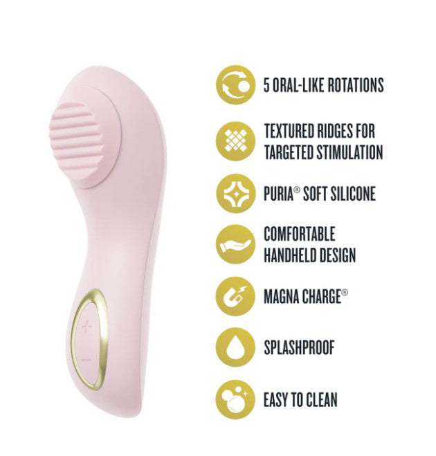 Delice Dahlia Stimulating Personal Massager Pink features 5 oral-like rotations and textured ridges for targeted stimulation.