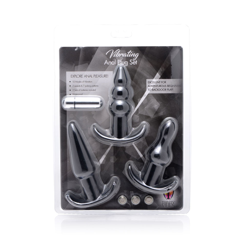 4 Piece Vibrating Anal Plug Set Black with three uniquely shaped plugs and a removable bullet for adult pleasure.