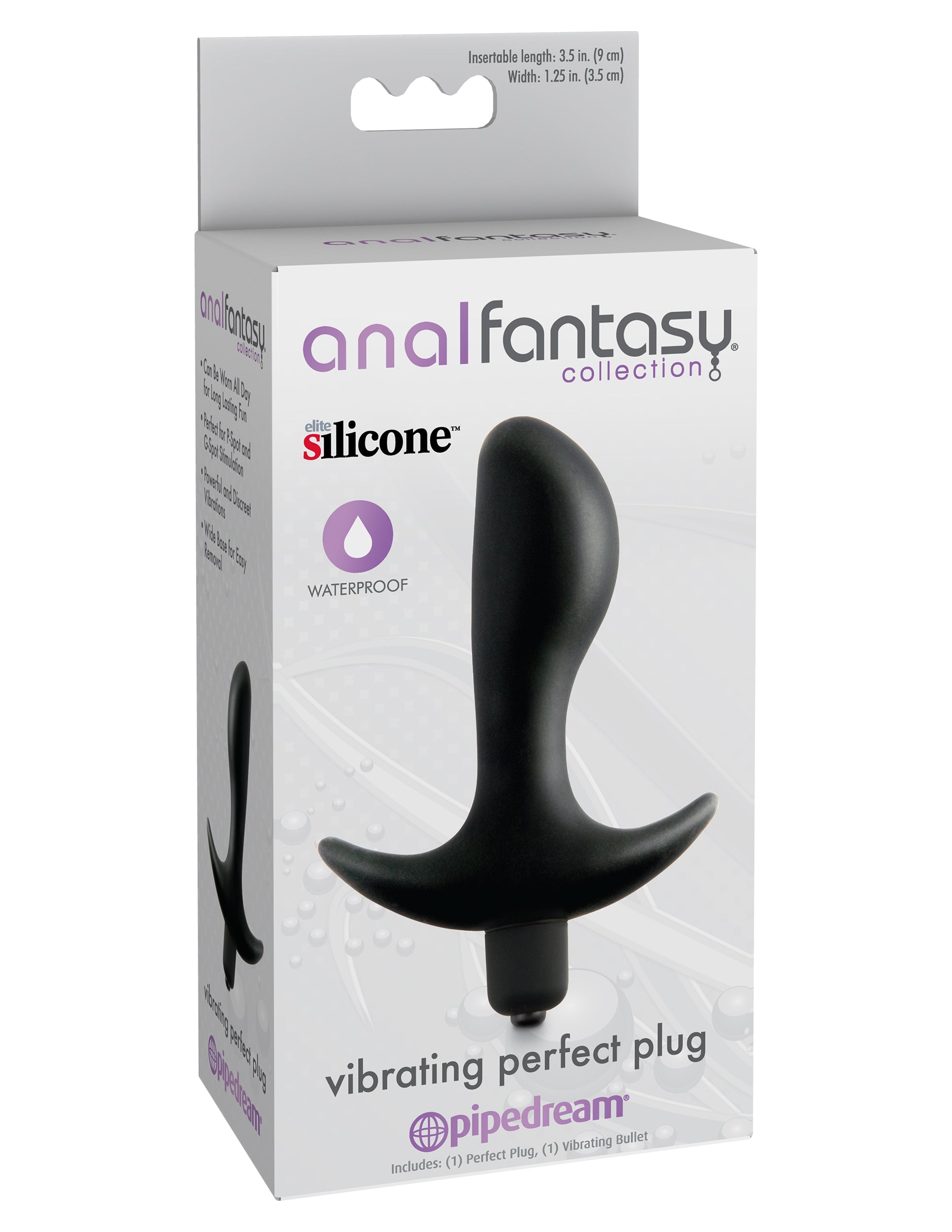 Anal Fantasy Collection Vibrating Perfect Plug Black packaging showcasing a waterproof silicone vibrating plug.