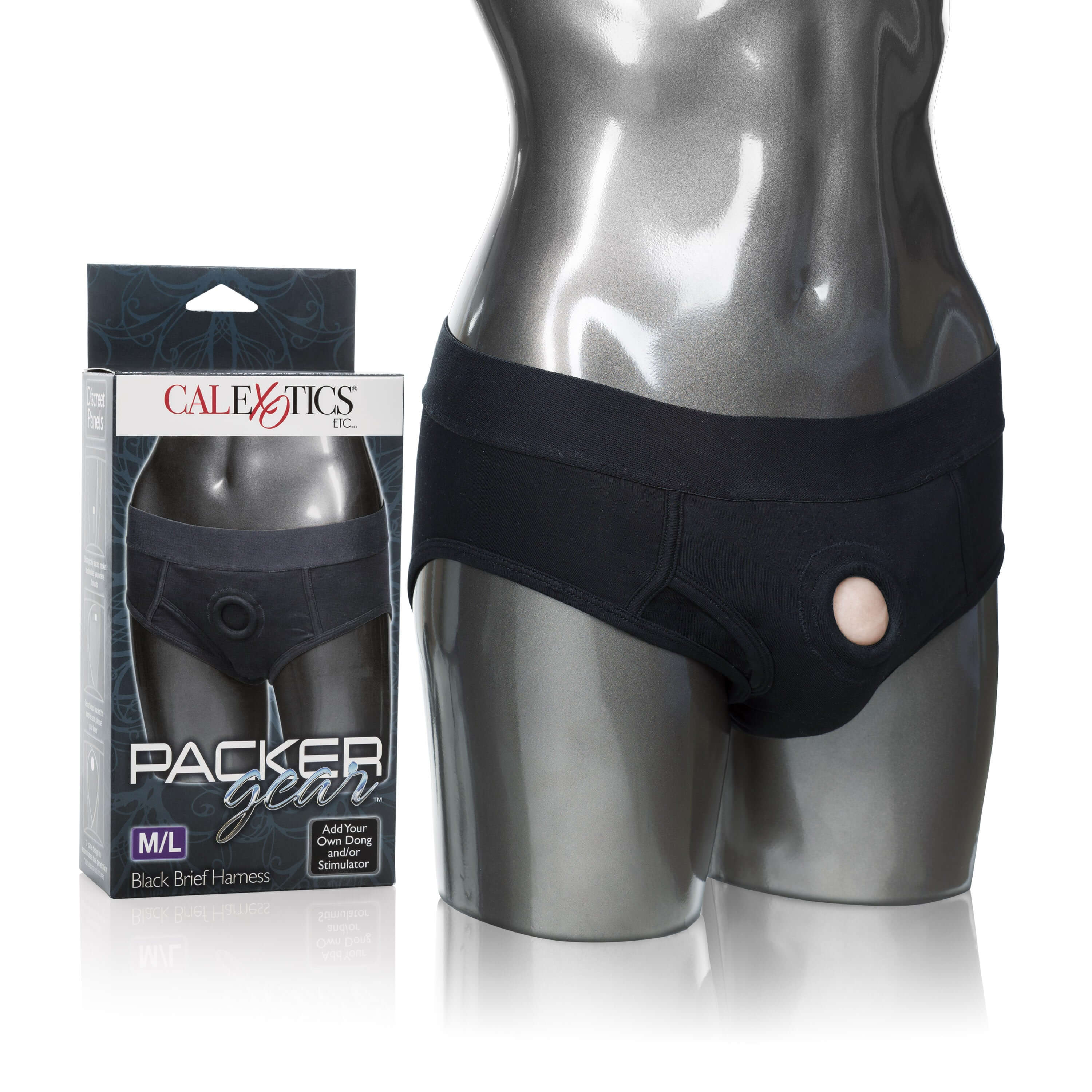 Packer Gear Brief Harness Medium Large Black displayed on a mannequin next to its packaging, showcasing its discreet design.