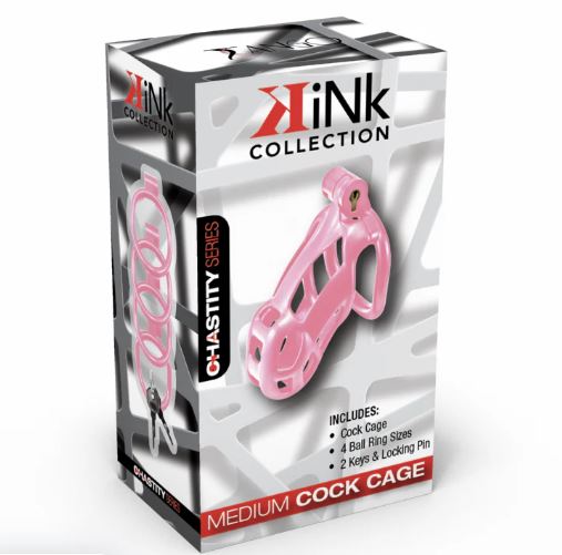 Kink Chastity Series Locking Cock Cage Medium Pink packaging with included accessories shown clearly.